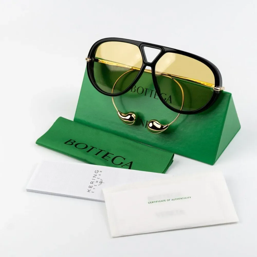 NEW Bottega Veneta BV1273S 003 Black Gold Yellow Pilot Unisex Sunglasses